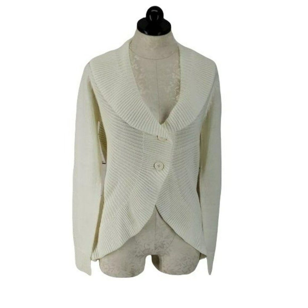 Motto rib knit white Small button front shawl‎ collar sweater Cardigan